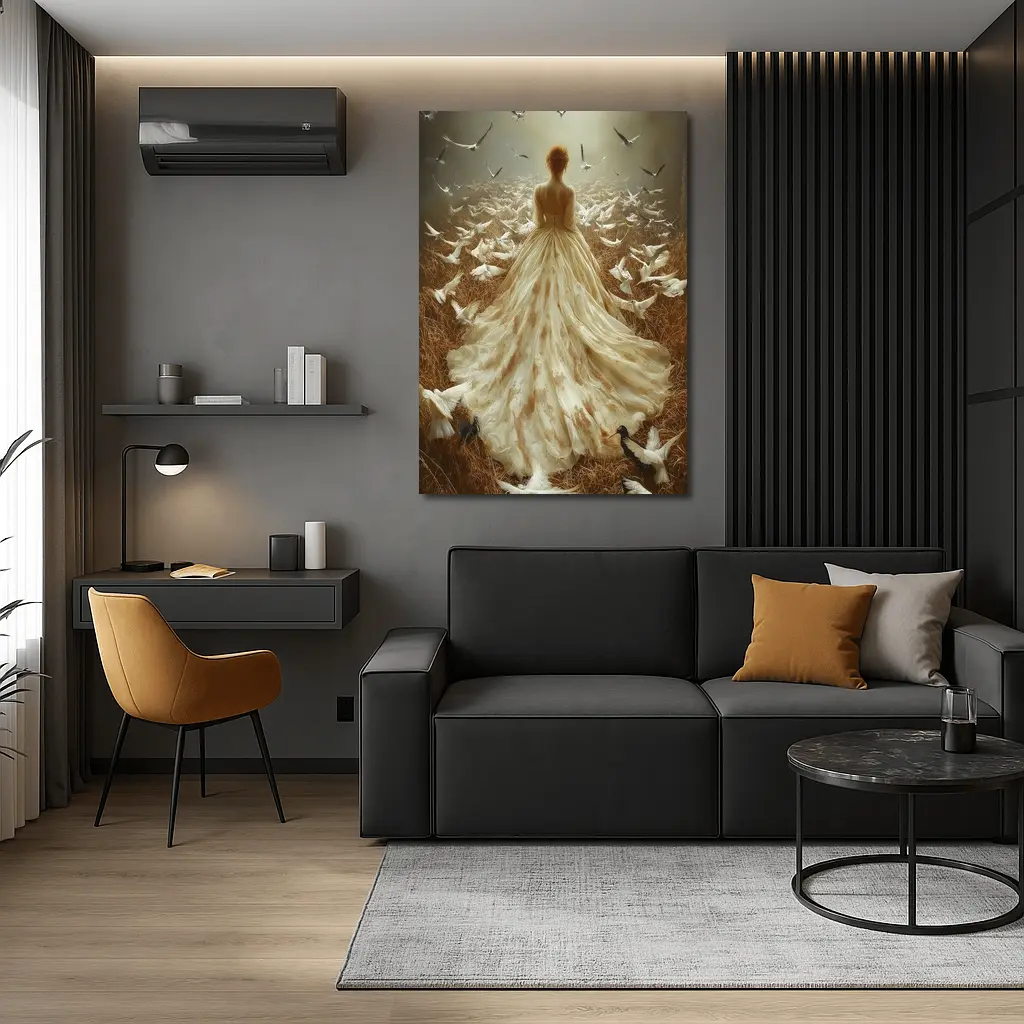 Woman White Gown Birds Flying Field – Wall Art