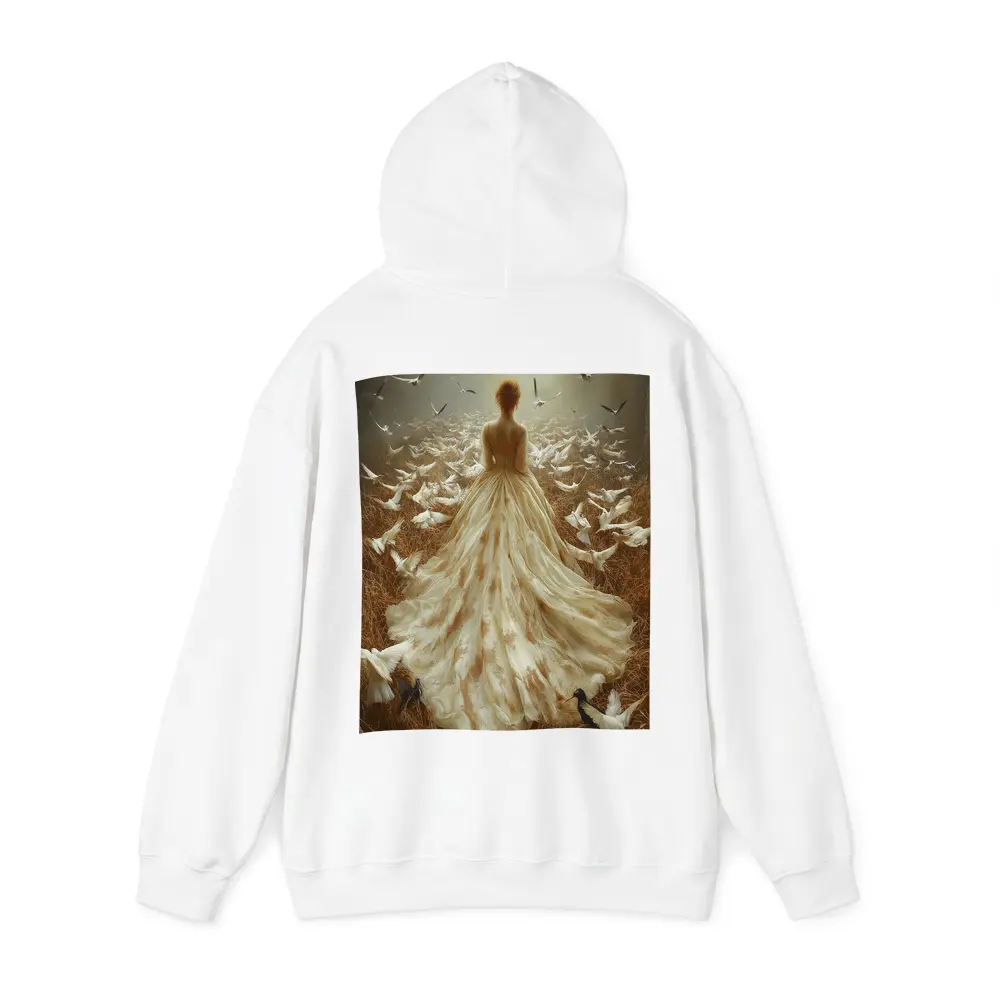 Woman White Gown Birds Flying Field – Hoodies
