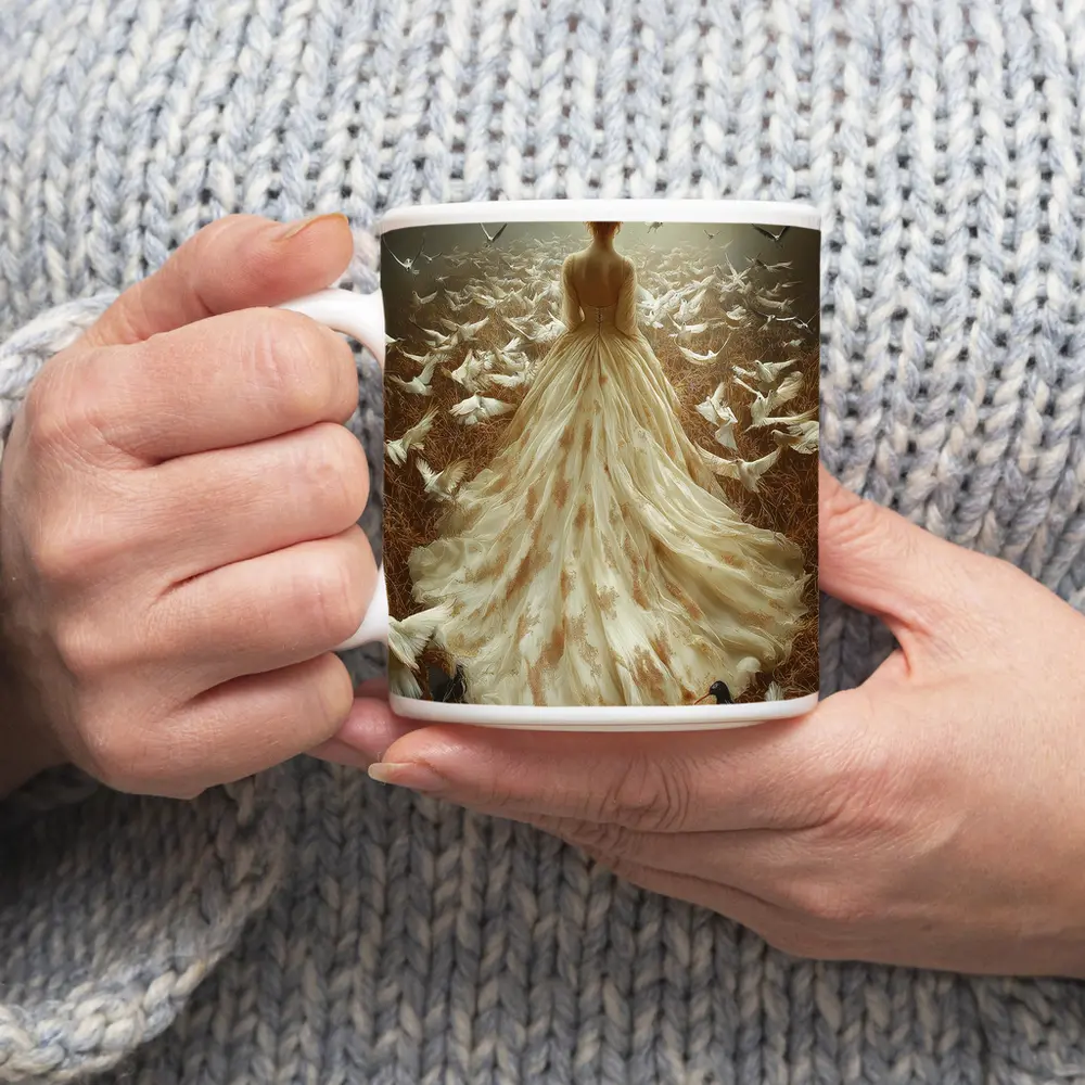 Woman White Gown Birds Flying Field – Mugs