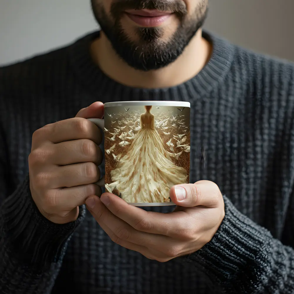 Woman White Gown Birds Flying Field – Mugs