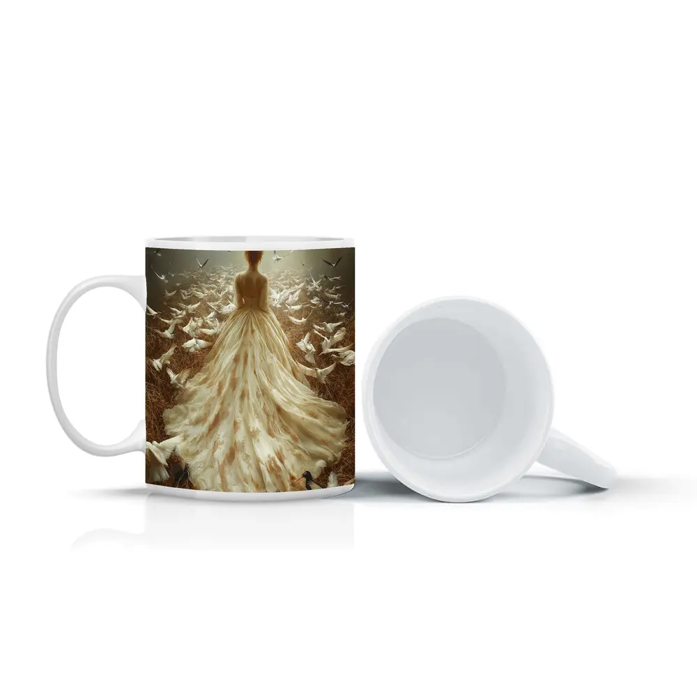 Woman White Gown Birds Flying Field – Mugs