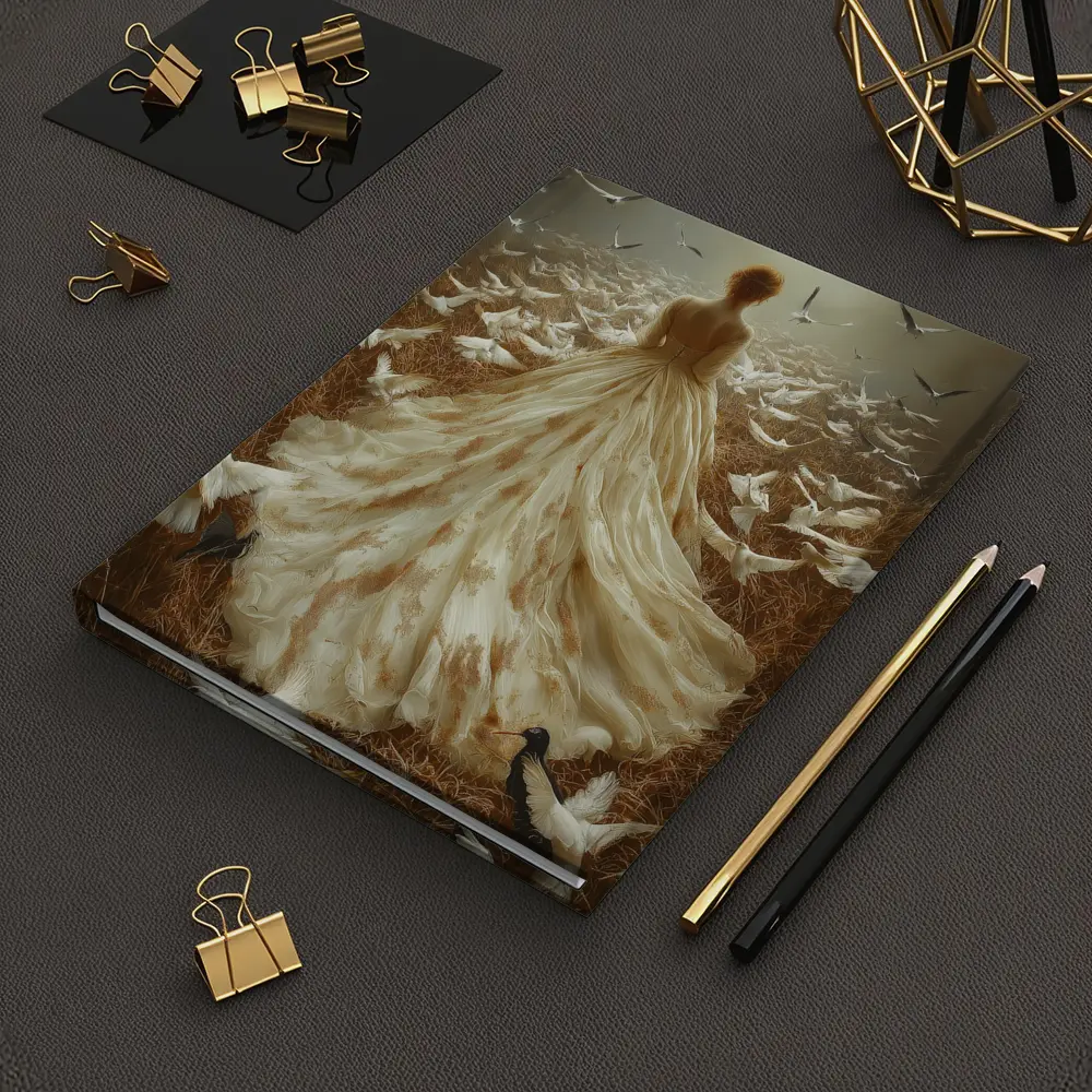 Woman White Gown Birds Flying Field – Notebooks