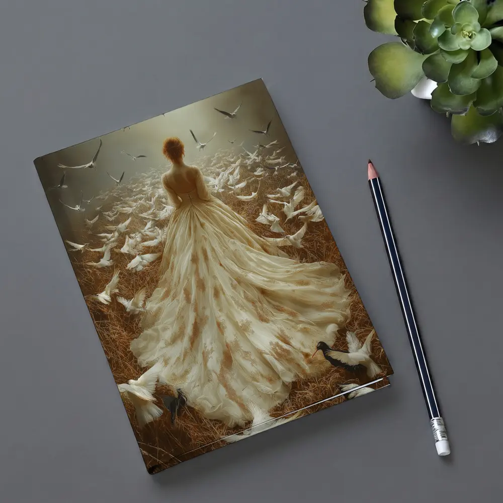 Woman White Gown Birds Flying Field – Notebooks