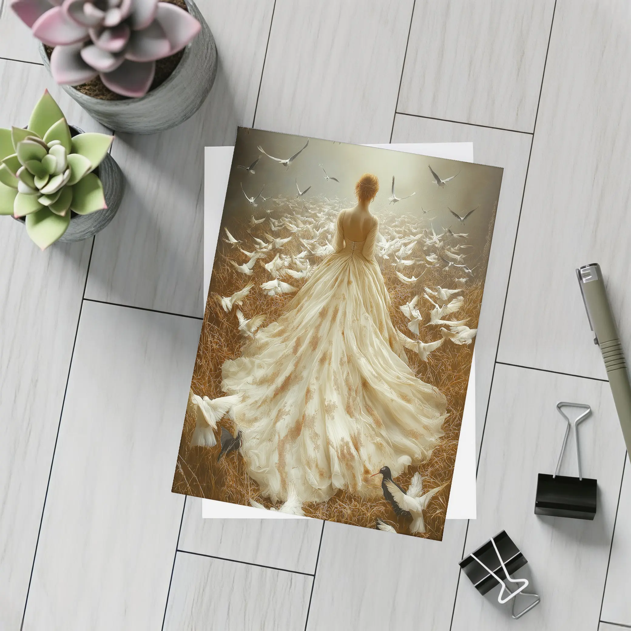 Woman White Gown Birds Flying Field – Postcards