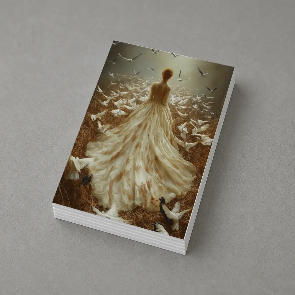 Woman White Gown Birds Flying Field – Postcards