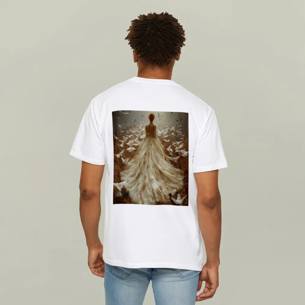 Woman White Gown Birds Flying Field – T-Shirts