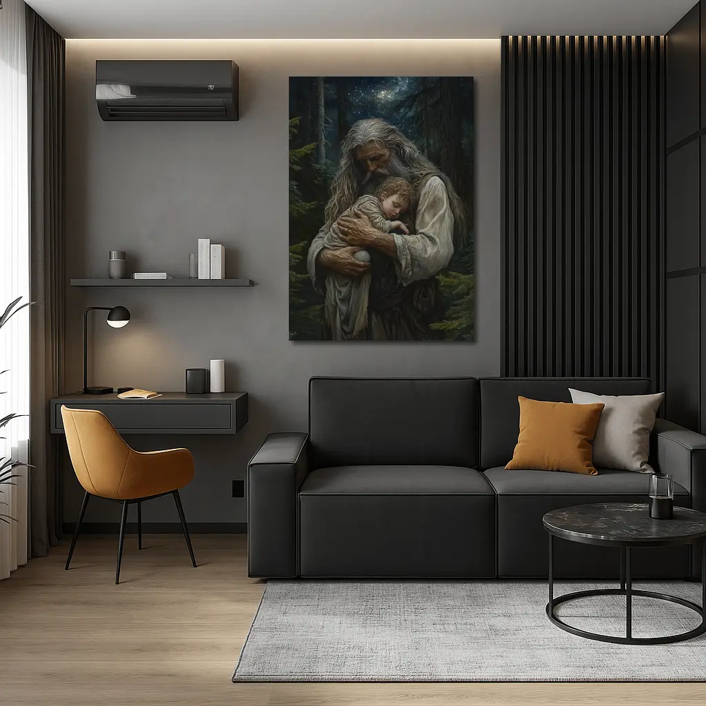 Old Man Holding Child Starry Forest Night – Wall Art