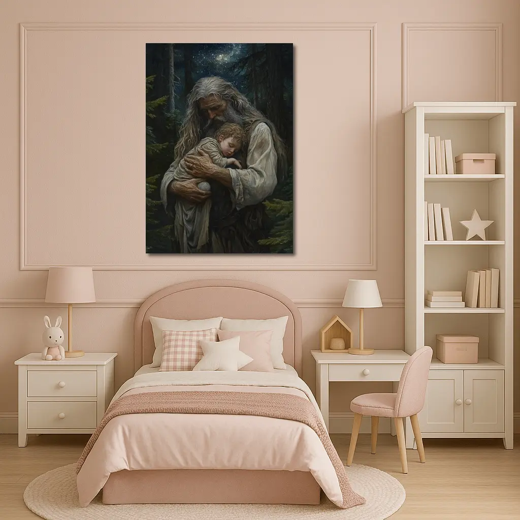 Old Man Holding Child Starry Forest Night – Wall Art