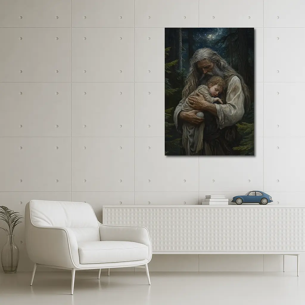 Old Man Holding Child Starry Forest Night – Wall Art