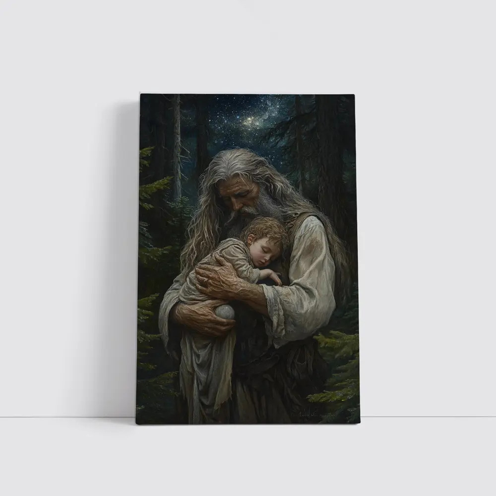 Old Man Holding Child Starry Forest Night – Wall Art