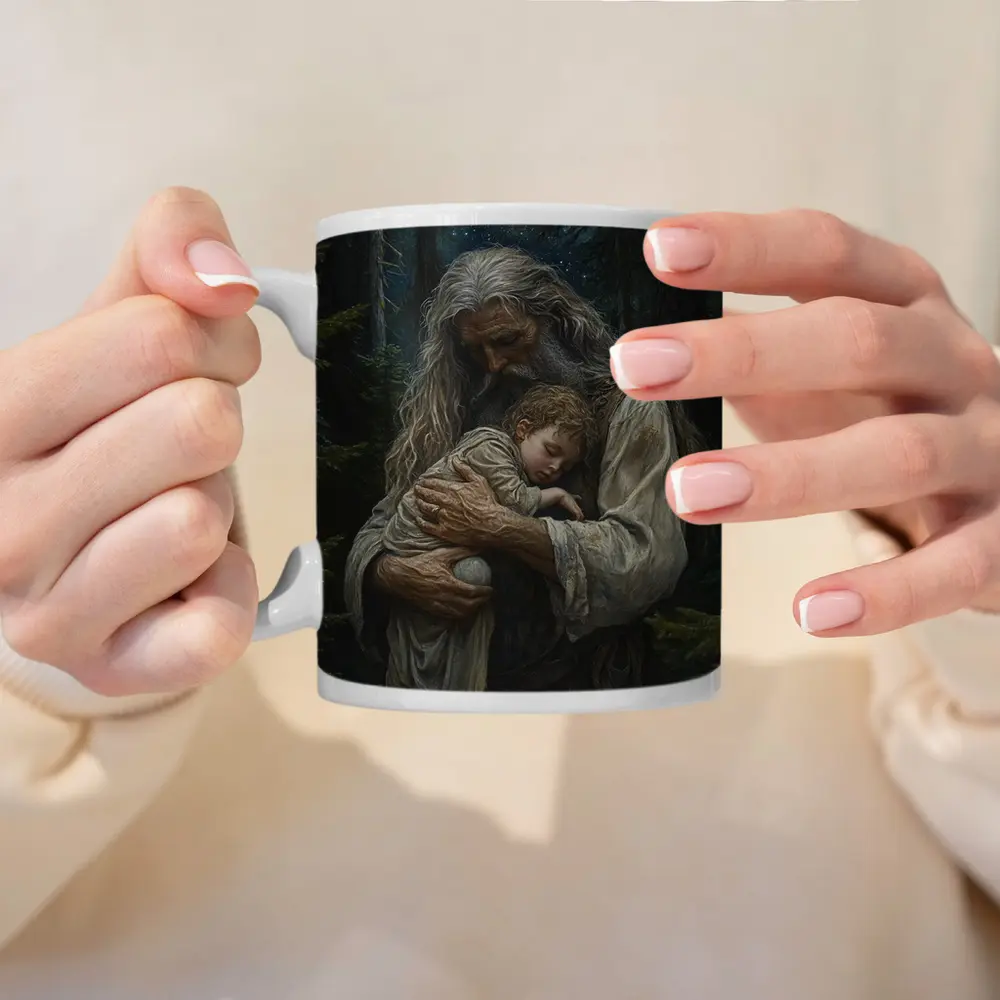 Old Man Holding Child Starry Forest Night – Mugs
