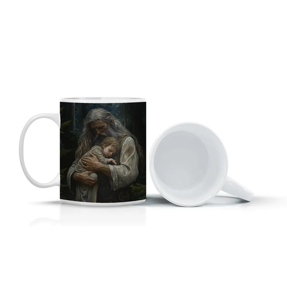 Old Man Holding Child Starry Forest Night – Mugs
