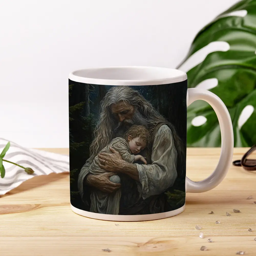 Old Man Holding Child Starry Forest Night – Mugs