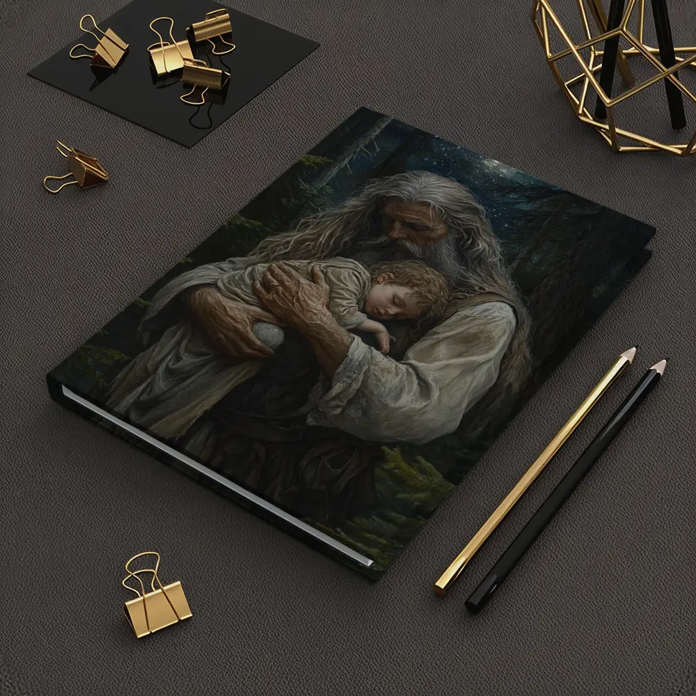 Old Man Holding Child Starry Forest Night – Notebooks