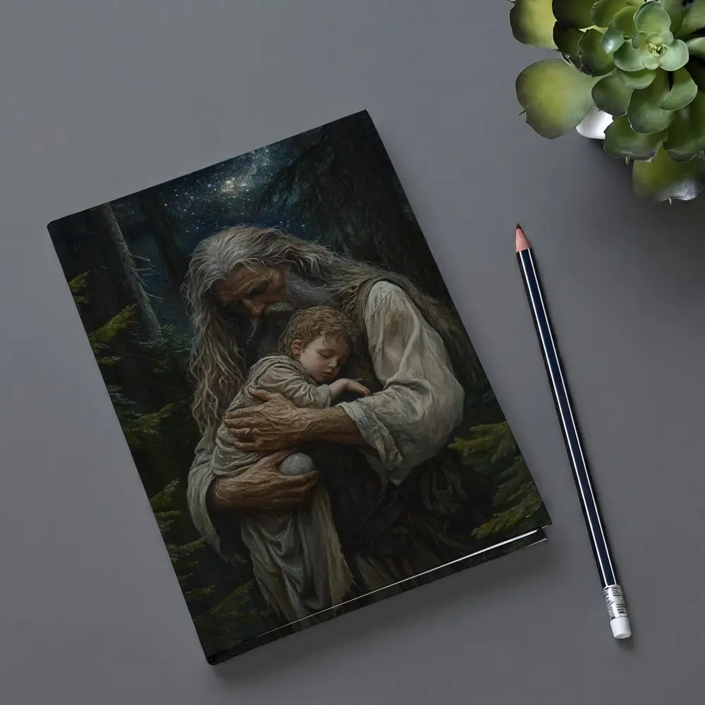Old Man Holding Child Starry Forest Night – Notebooks