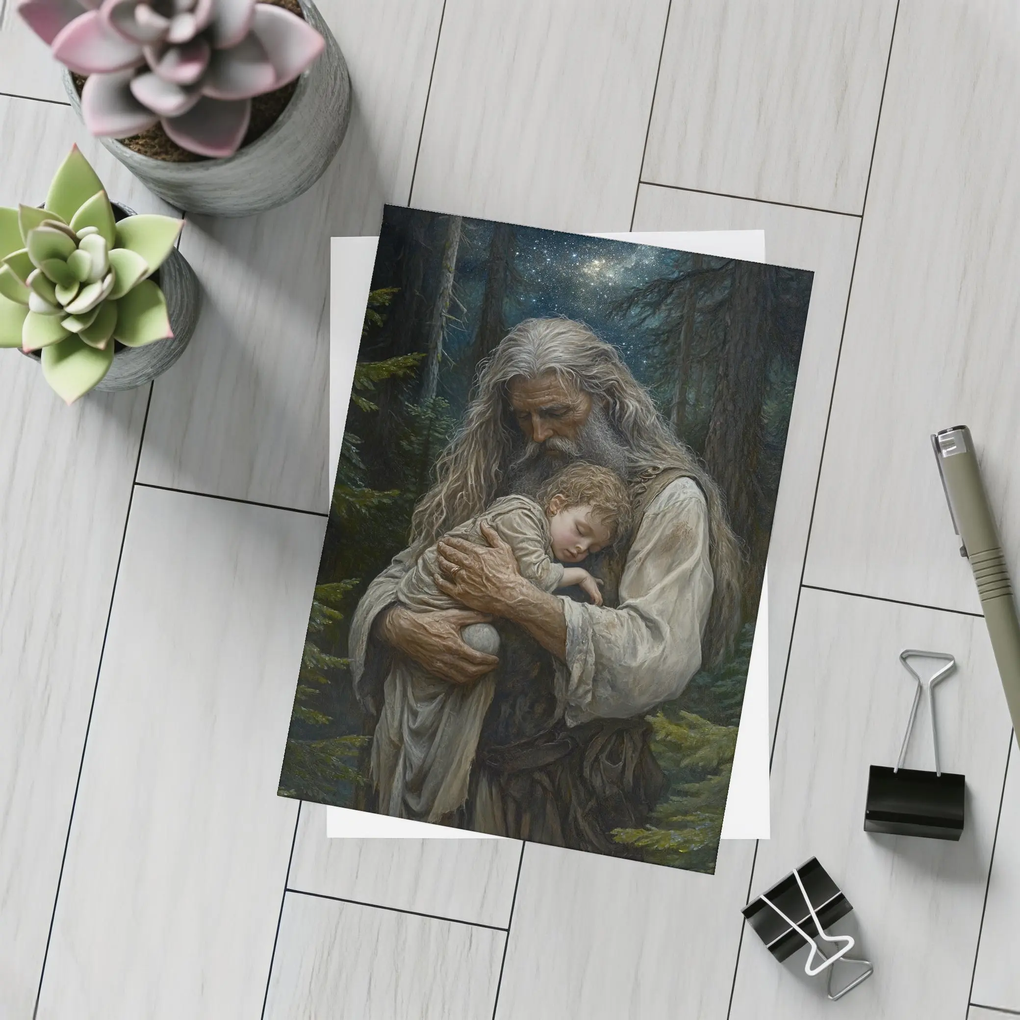 Old Man Holding Child Starry Forest Night – Postcards