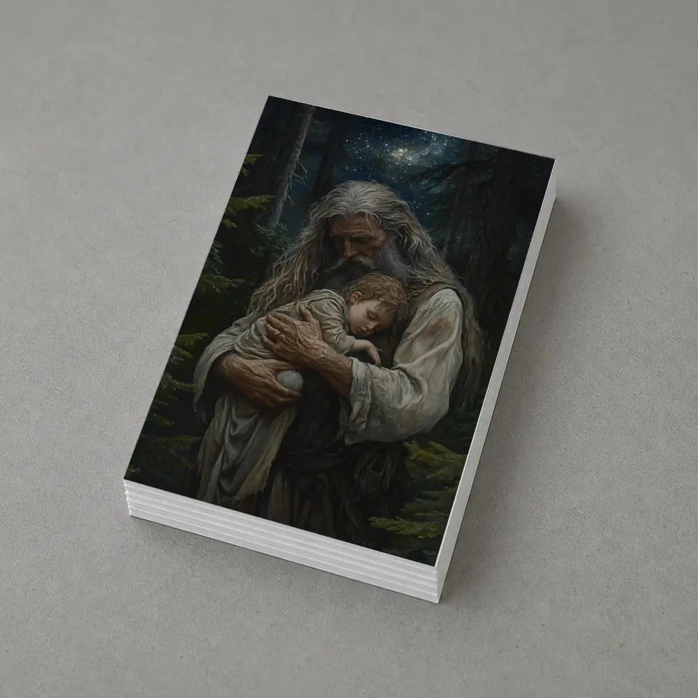 Old Man Holding Child Starry Forest Night – Postcards