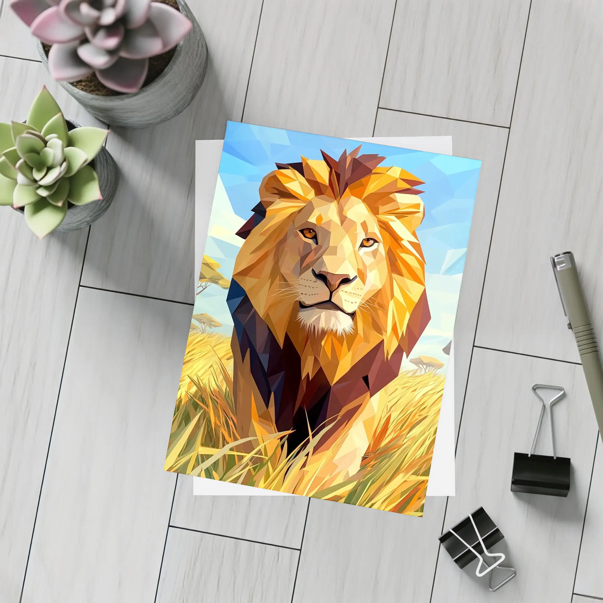 Low Poly Lion Savanna African Wildlife Art – Postcards
