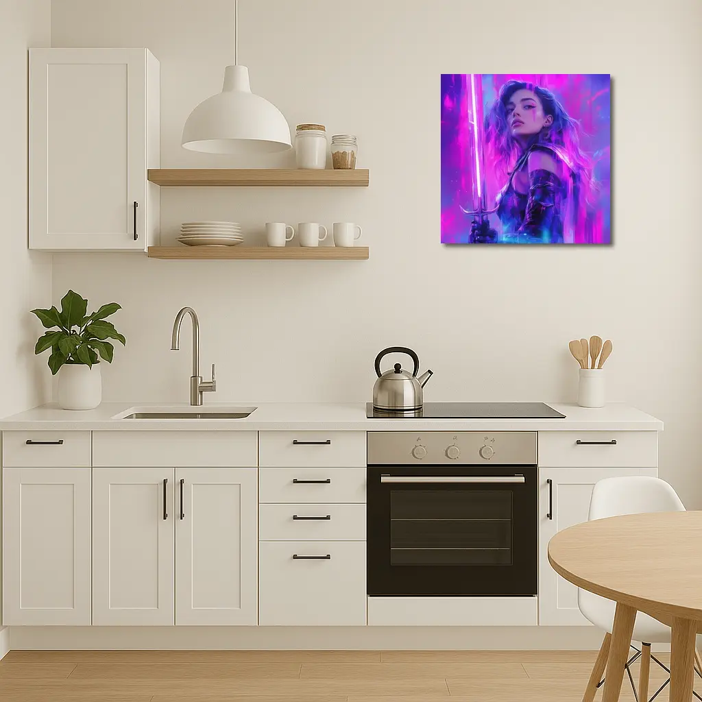 Neon Warrior Woman Sword Purple Background – Wall Art