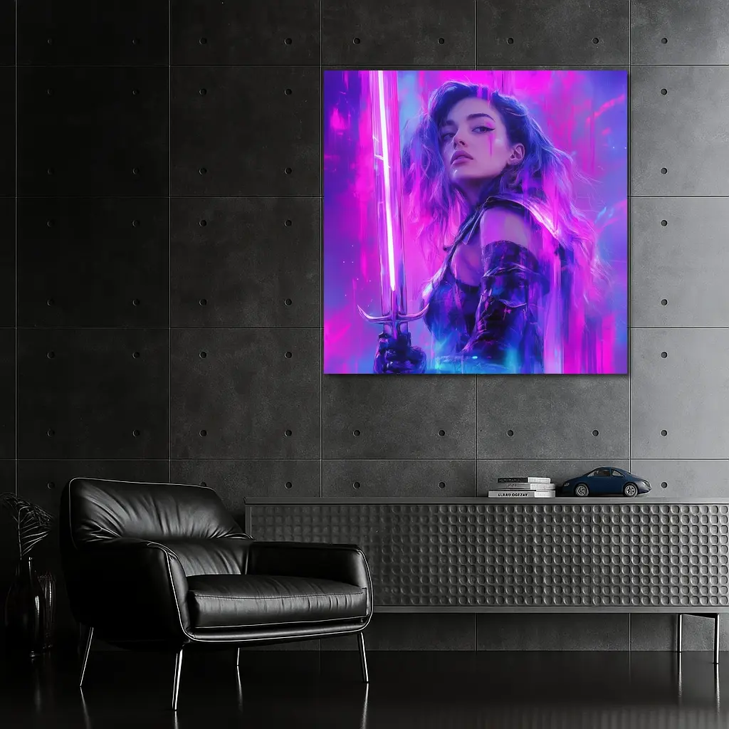 Neon Warrior Woman Sword Purple Background – Wall Art