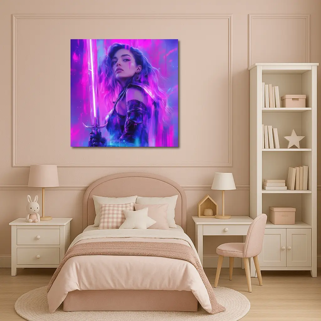 Neon Warrior Woman Sword Purple Background – Wall Art