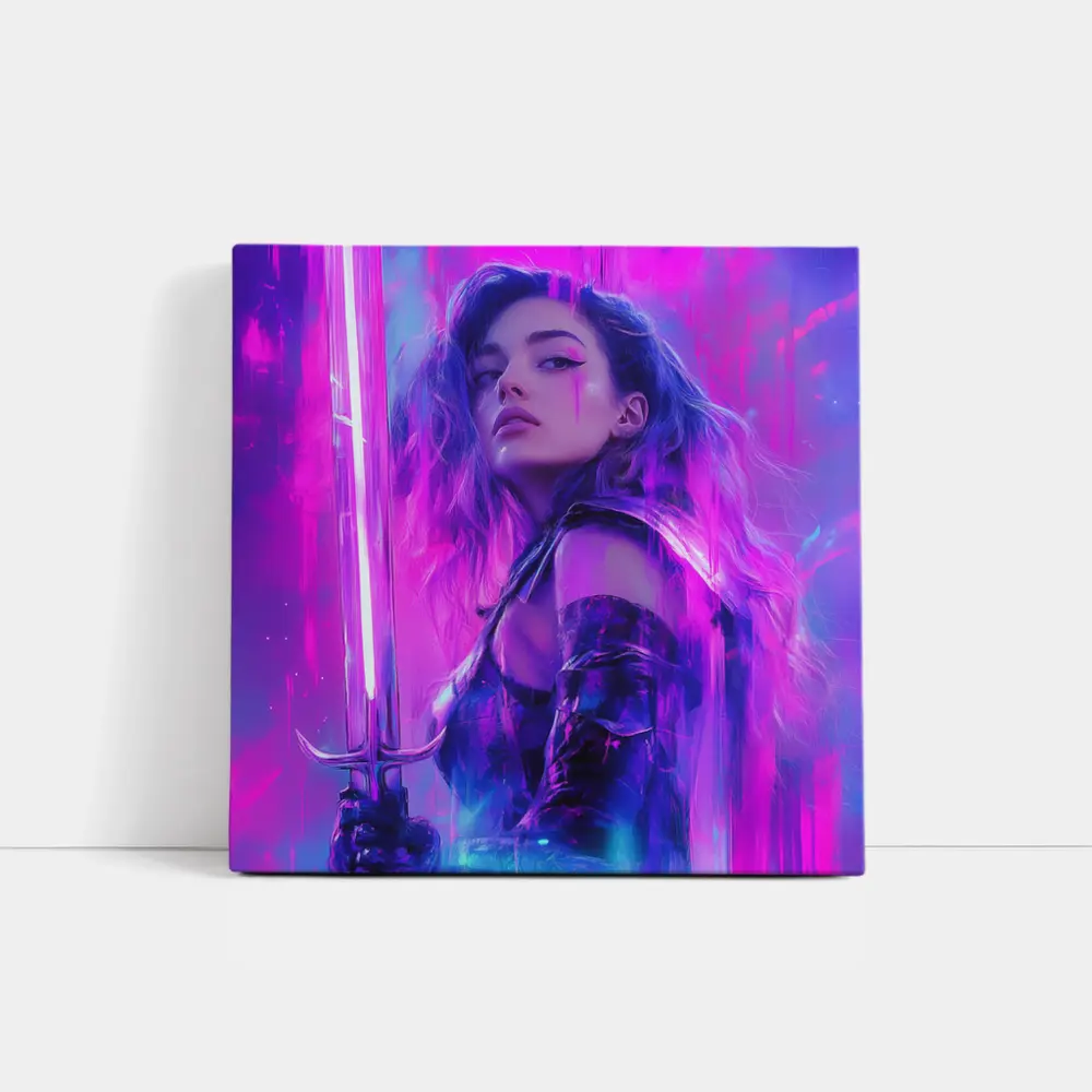 Neon Warrior Woman Sword Purple Background – Wall Art