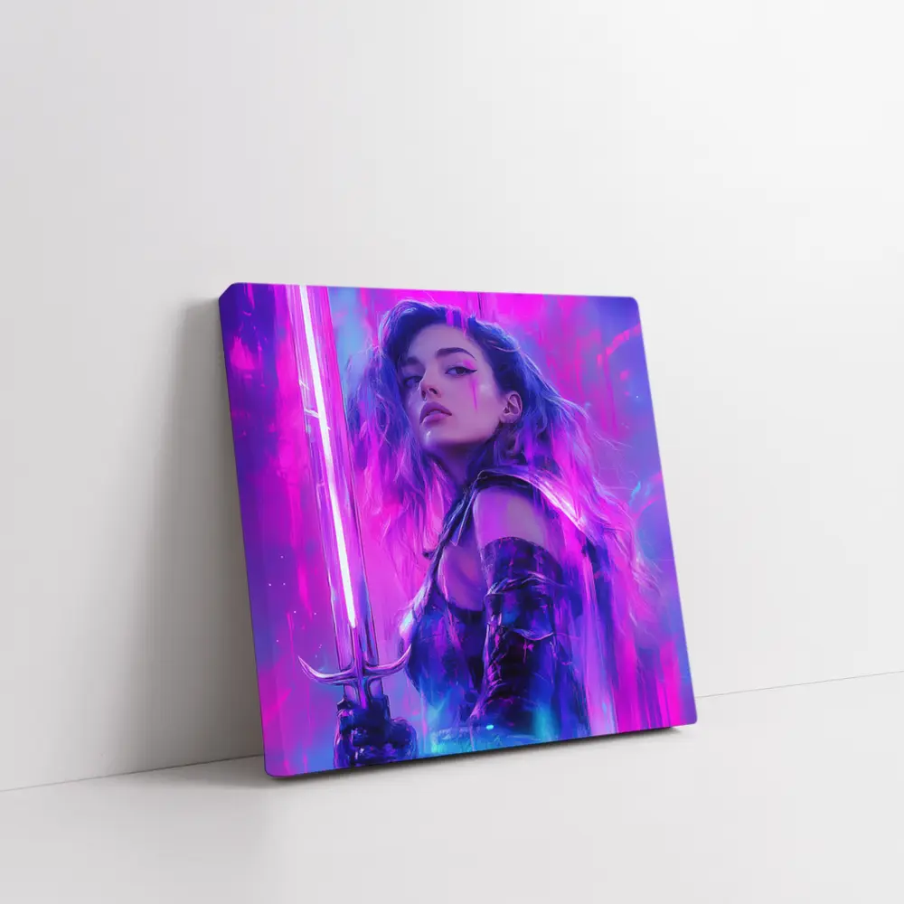 Neon Warrior Woman Sword Purple Background – Wall Art