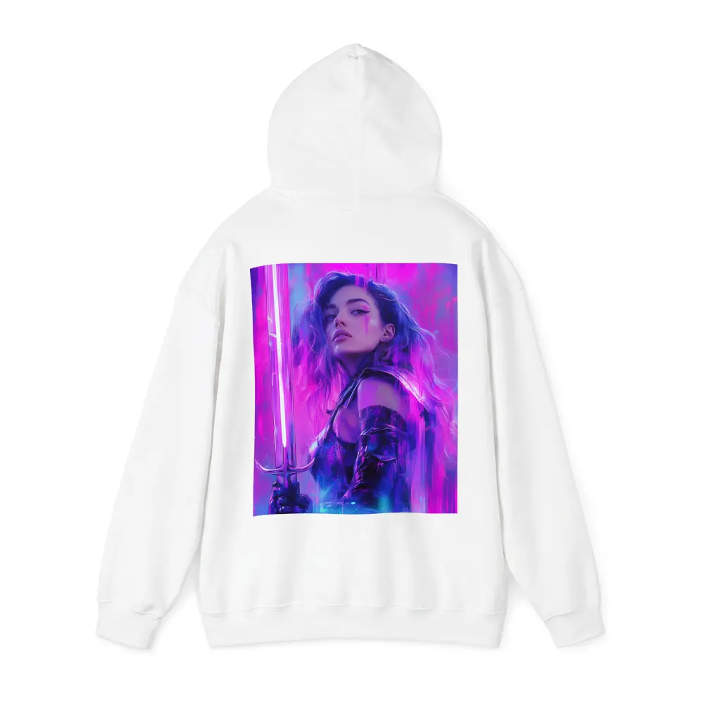 Neon Warrior Woman Sword Purple Background – Hoodies