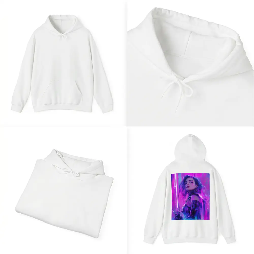 Neon Warrior Woman Sword Purple Background – Hoodies