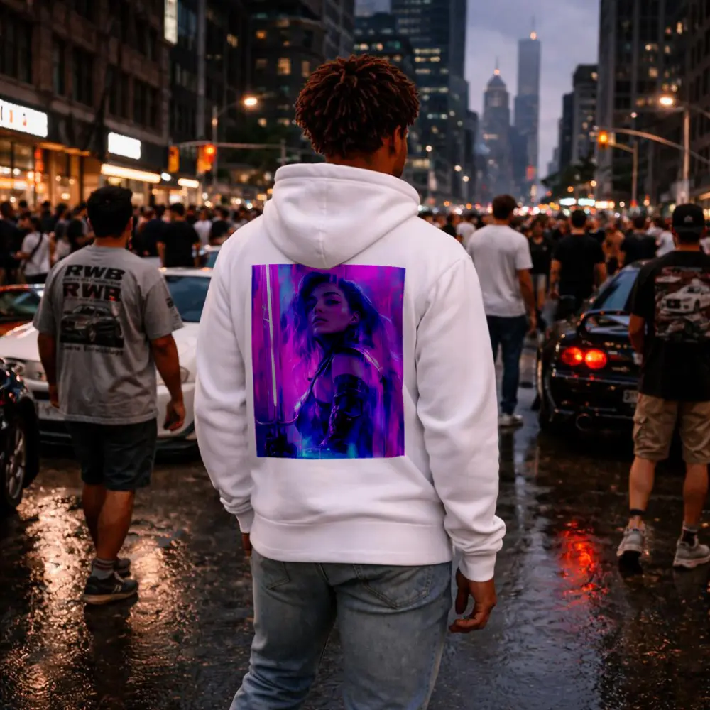 Neon Warrior Woman Sword Purple Background – Hoodies