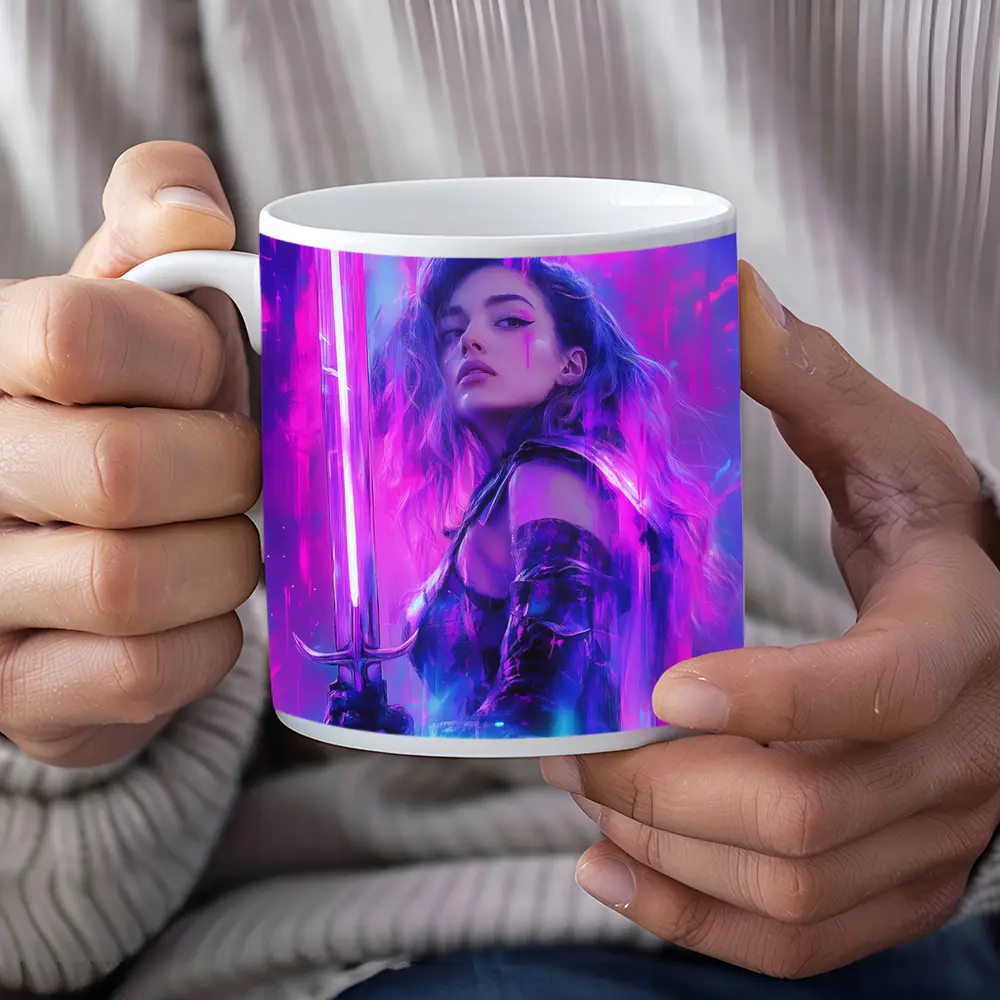 Neon Warrior Woman Sword Purple Background – Mugs