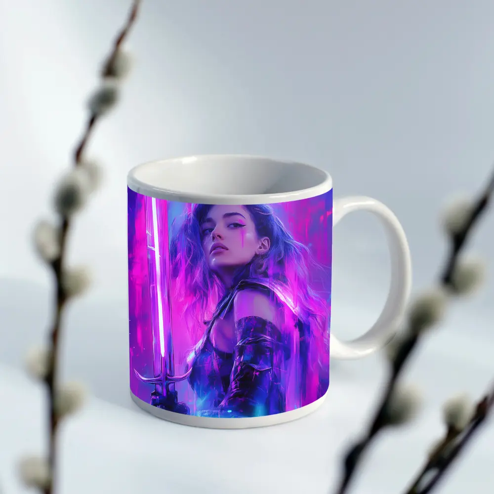 Neon Warrior Woman Sword Purple Background – Mugs