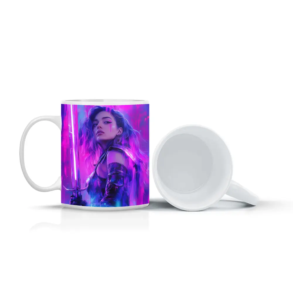 Neon Warrior Woman Sword Purple Background – Mugs