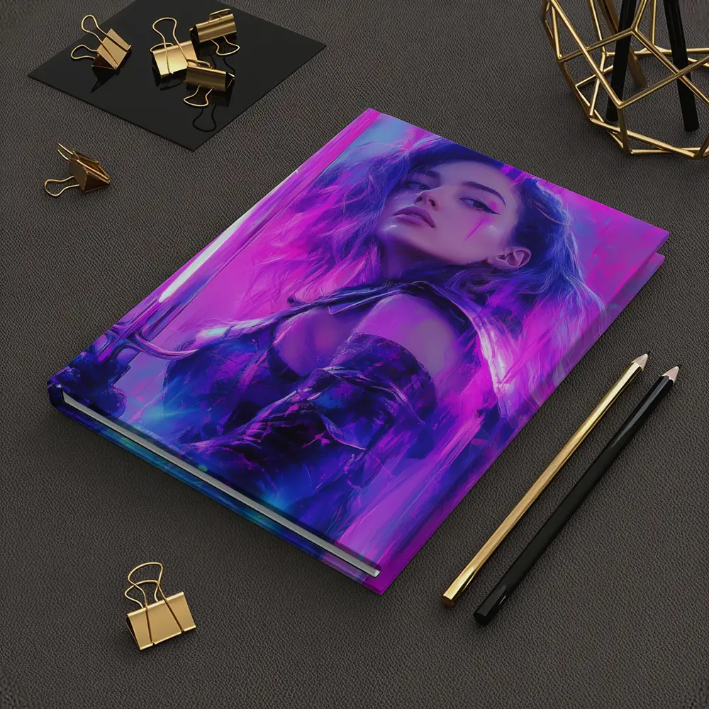 Neon Warrior Woman Sword Purple Background – Notebooks