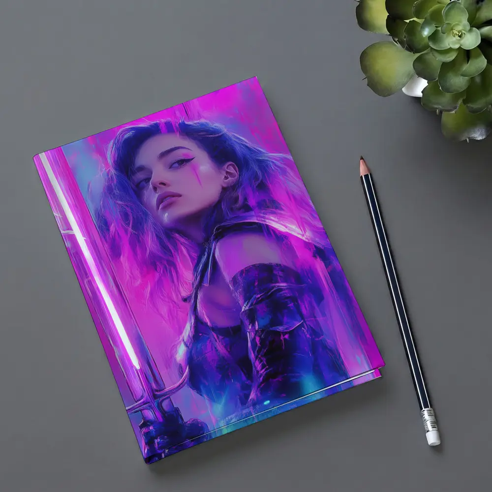 Neon Warrior Woman Sword Purple Background – Notebooks