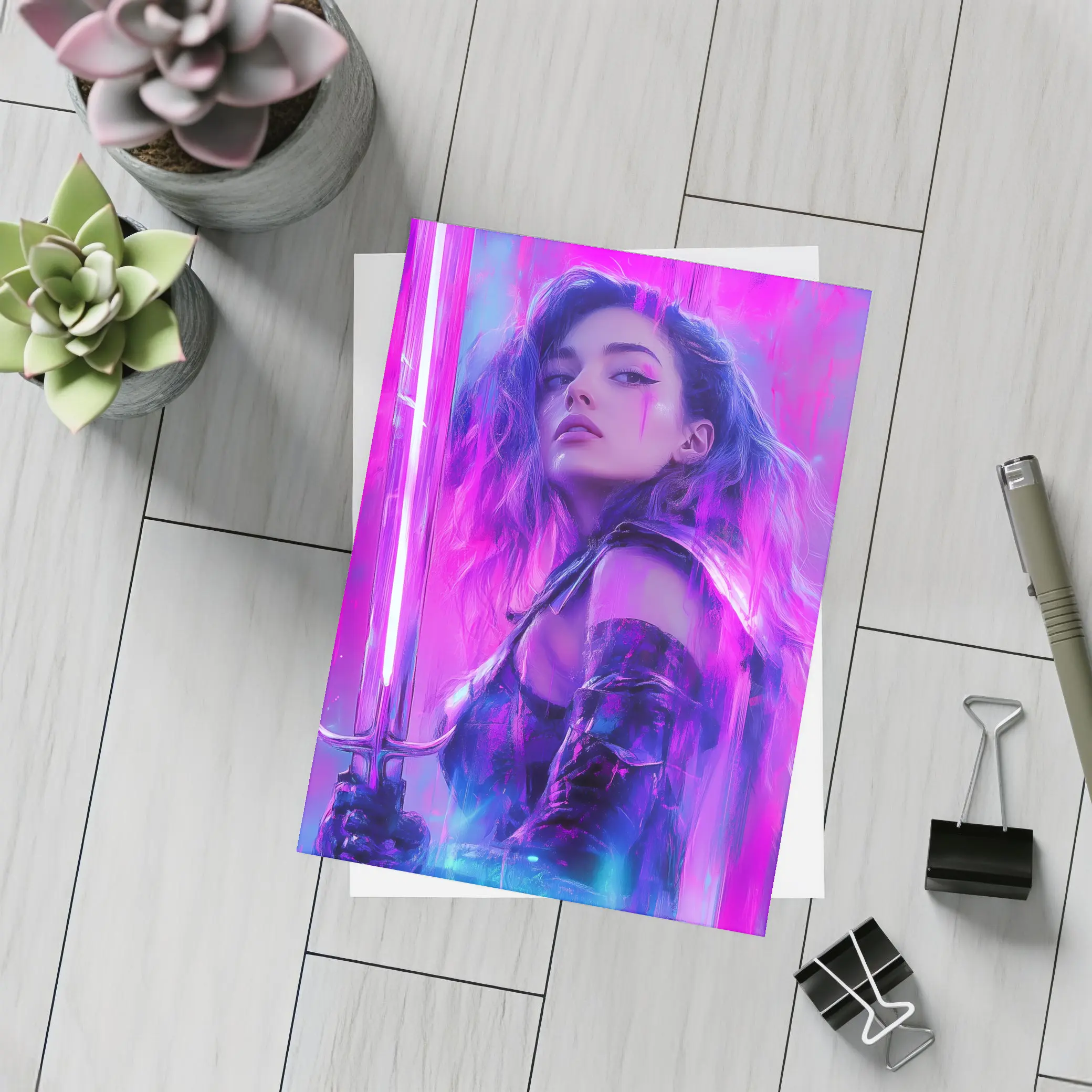 Neon Warrior Woman Sword Purple Background – Postcards