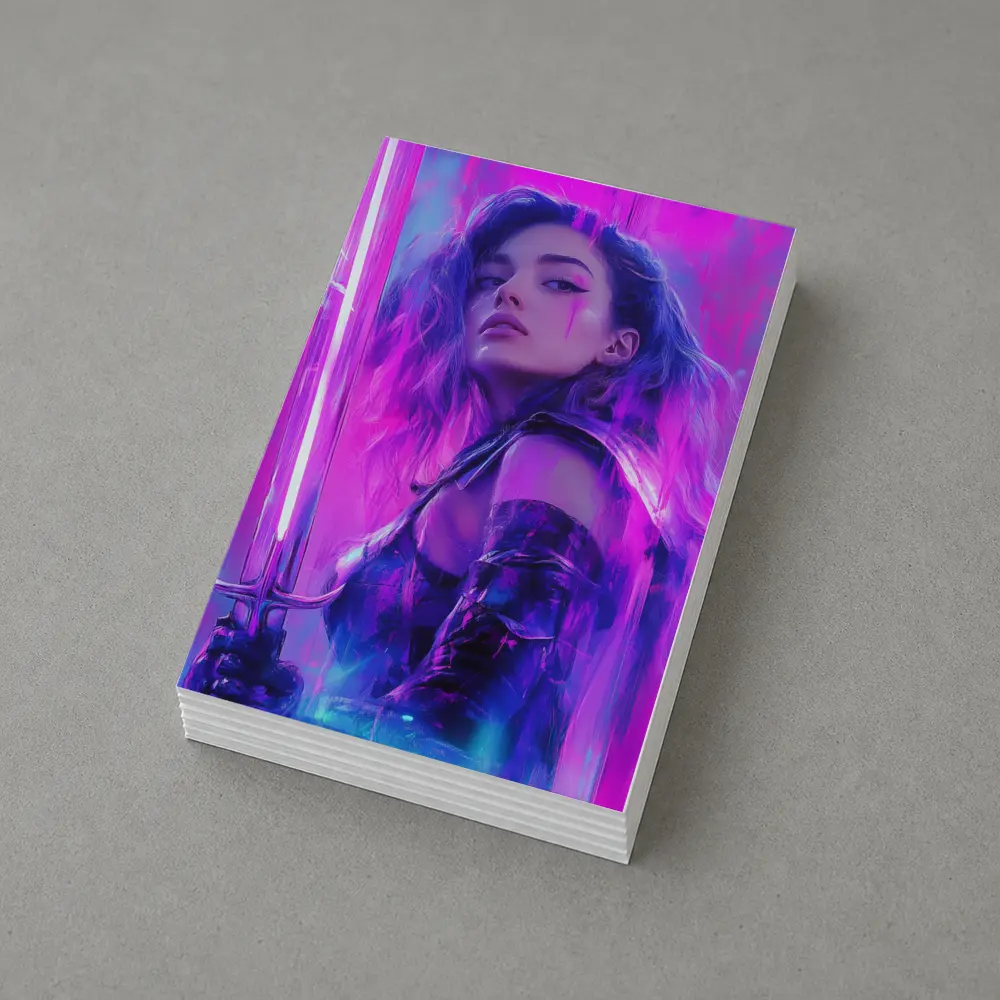 Neon Warrior Woman Sword Purple Background – Postcards