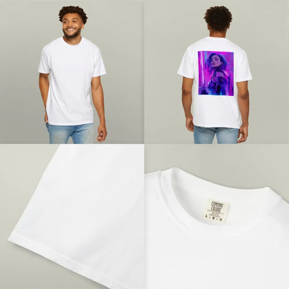 Neon Warrior Woman Sword Purple Background – T-Shirts