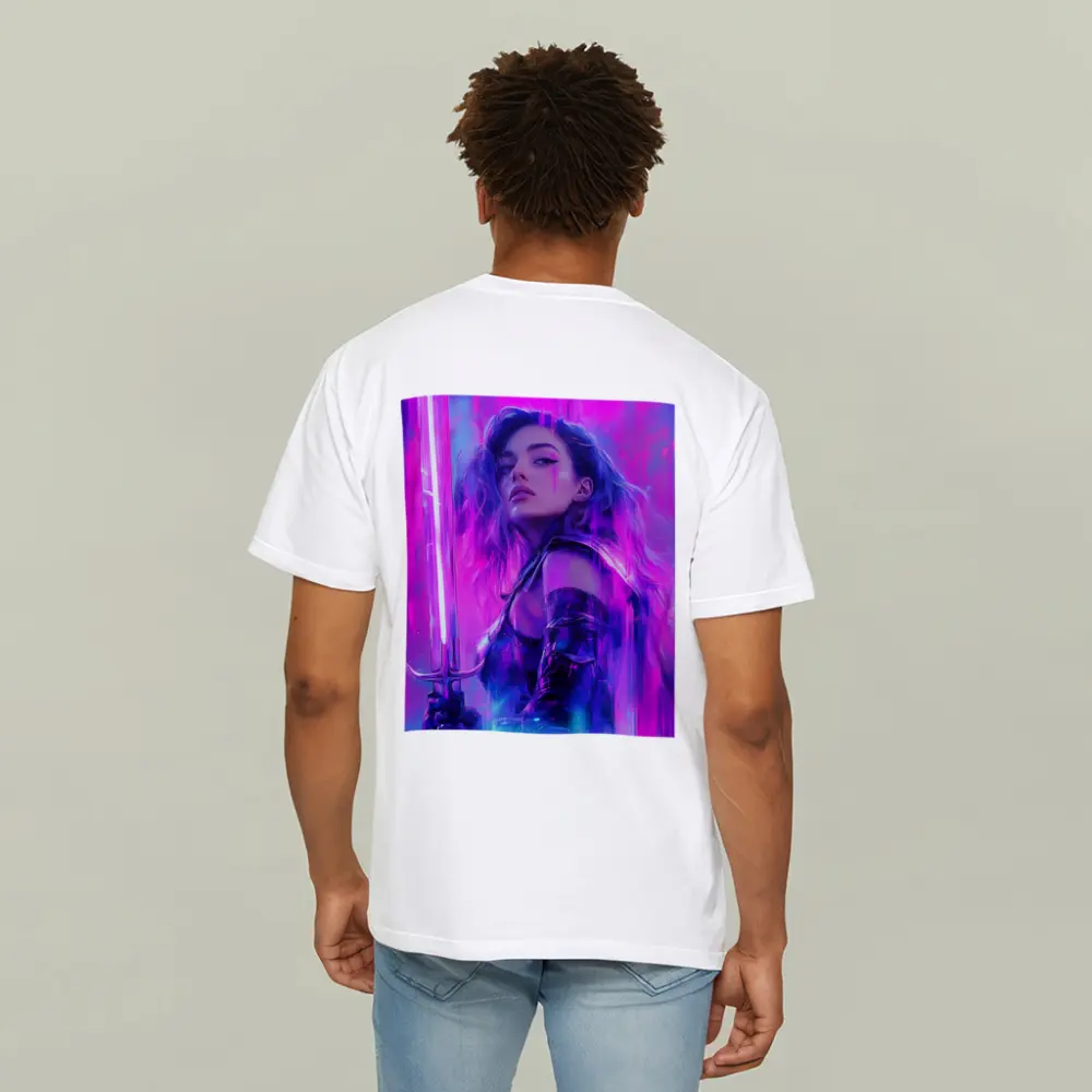 Neon Warrior Woman Sword Purple Background – T-Shirts