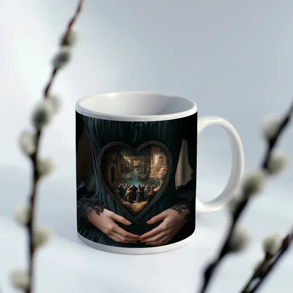 Gothic Dark Dress Heart Renaissance Scene Art – Mugs