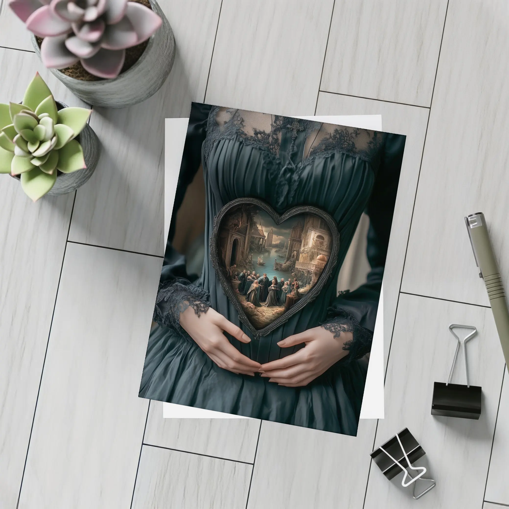Gothic Dark Dress Heart Renaissance Scene Art – Postcards
