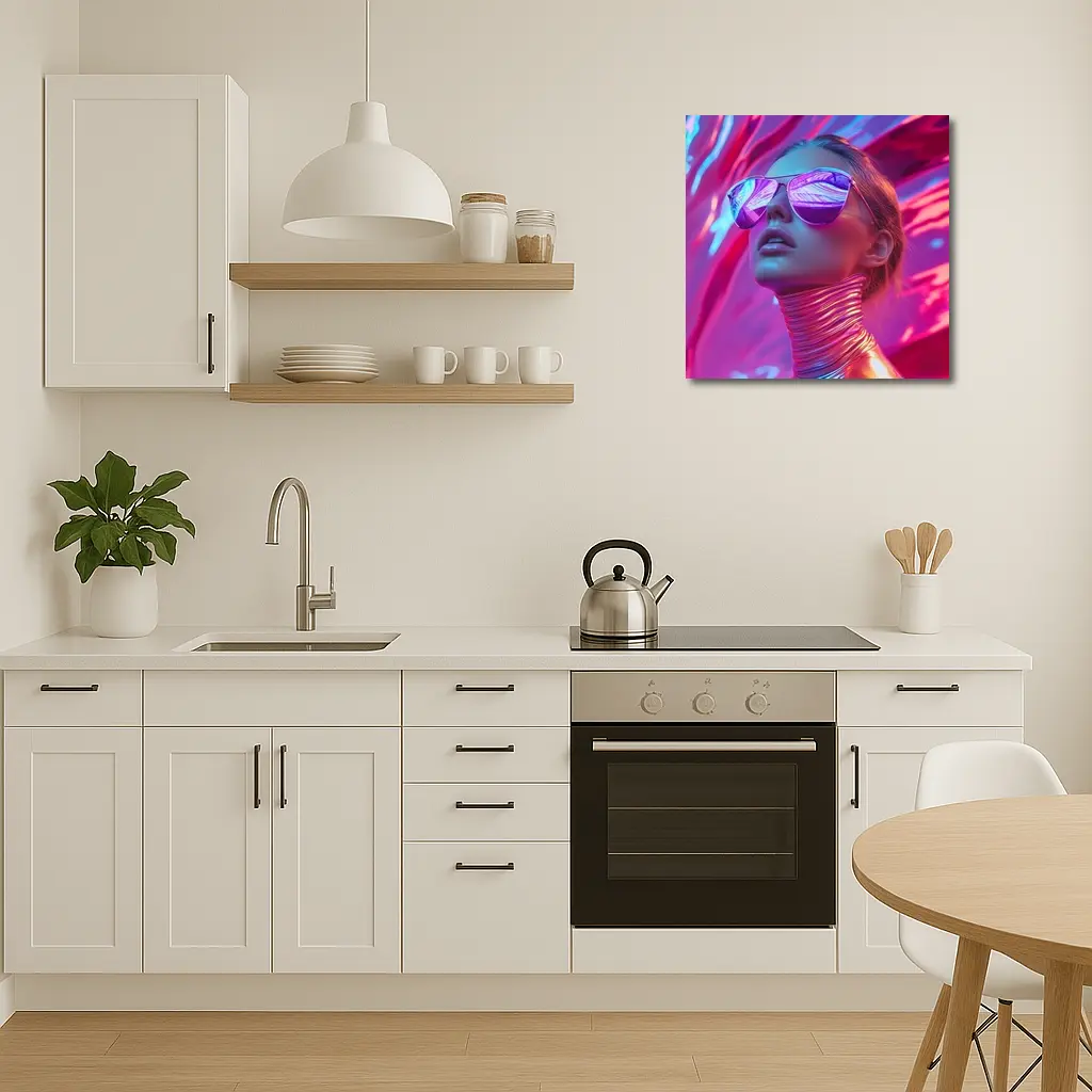 Futuristic Woman Mirrored Sunglasses Neon Pink Background – Wall Art