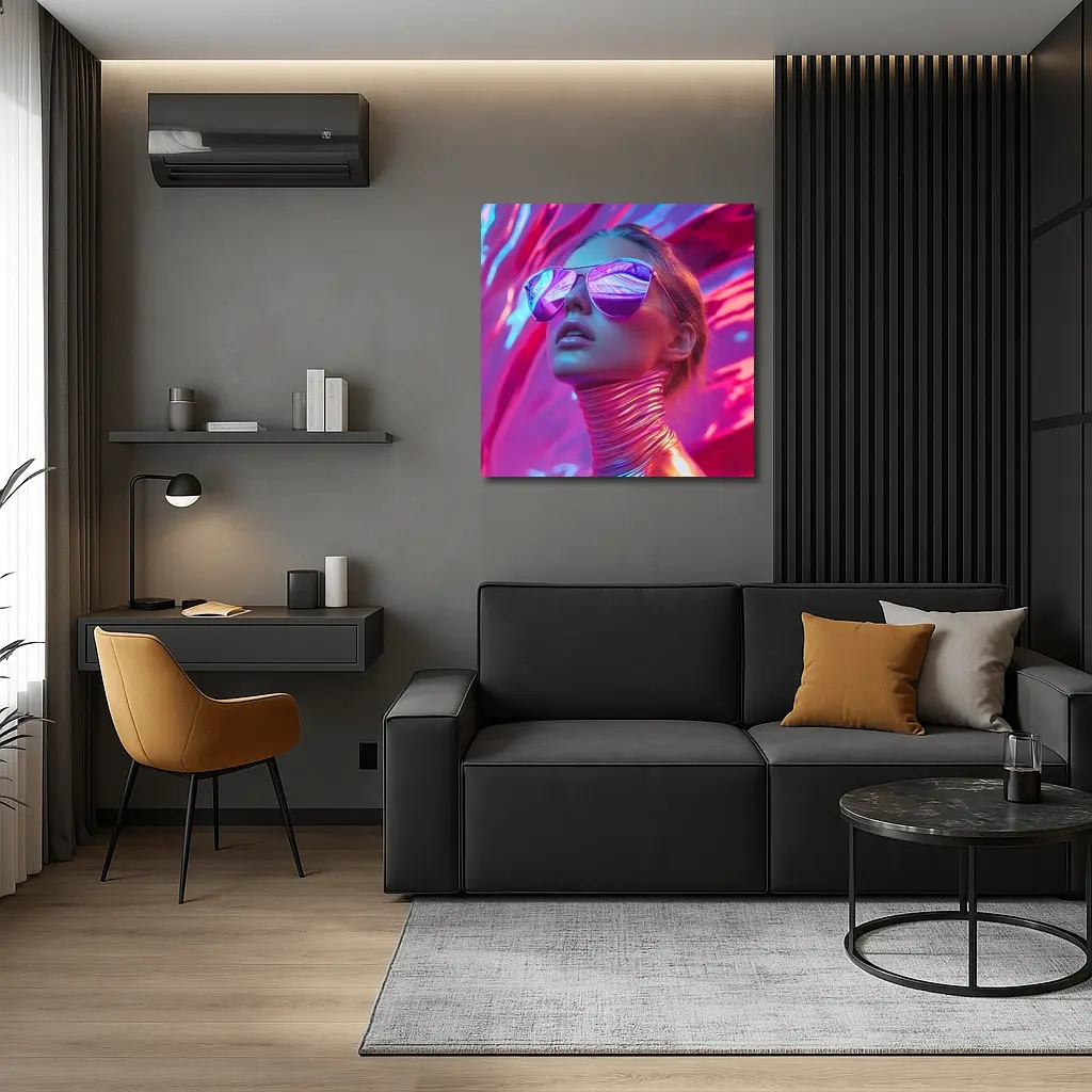 Futuristic Woman Mirrored Sunglasses Neon Pink Background – Wall Art