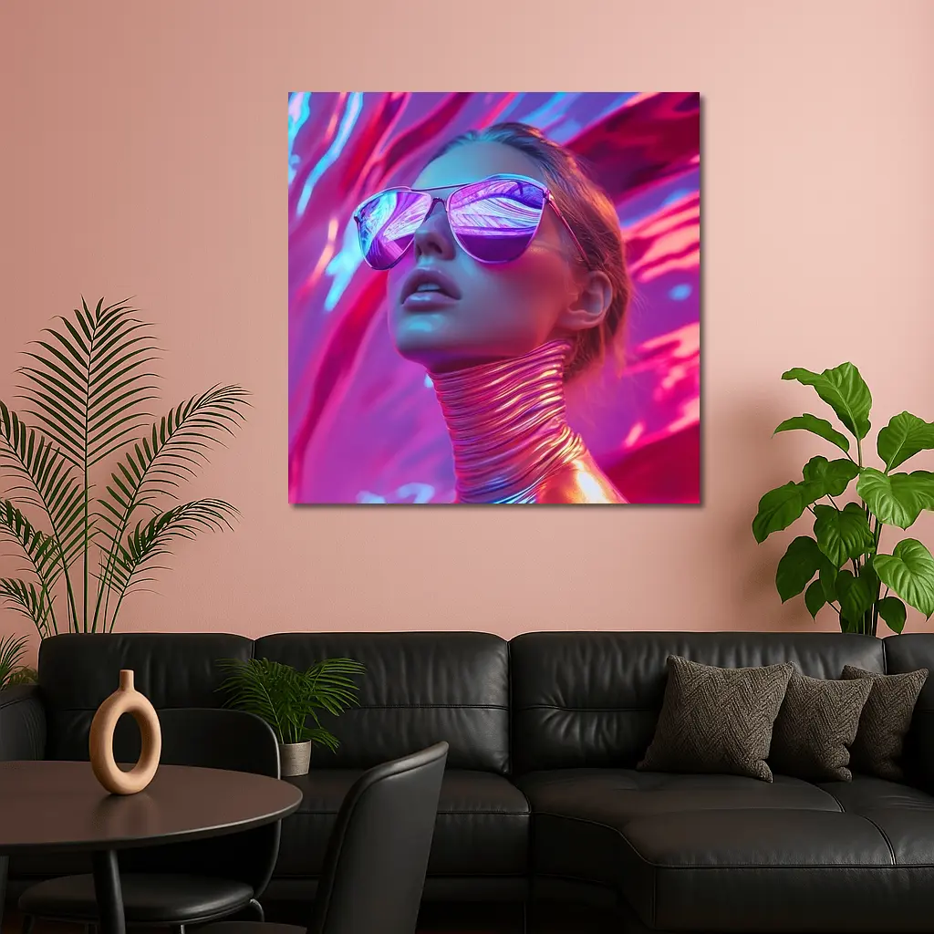 Futuristic Woman Mirrored Sunglasses Neon Pink Background – Wall Art