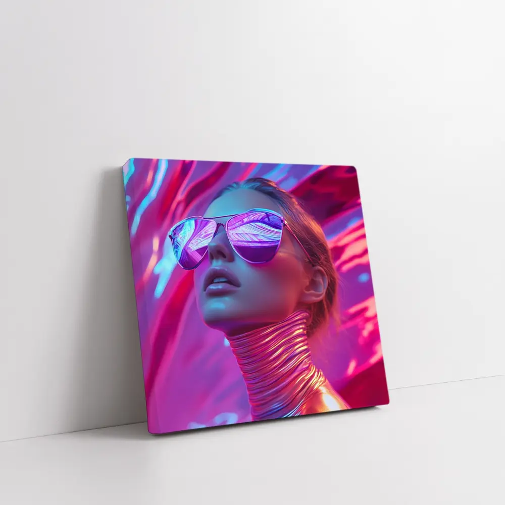Futuristic Woman Mirrored Sunglasses Neon Pink Background – Wall Art