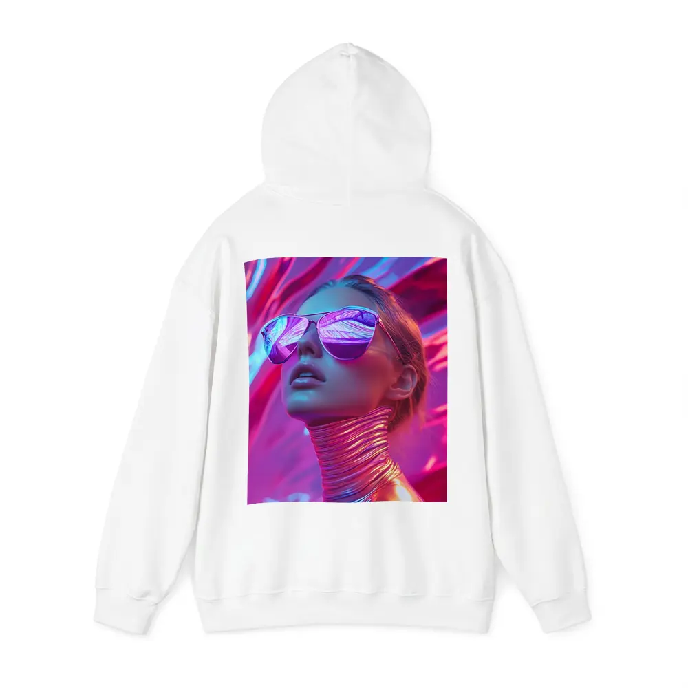 Futuristic Woman Mirrored Sunglasses Neon Pink Background – Hoodies