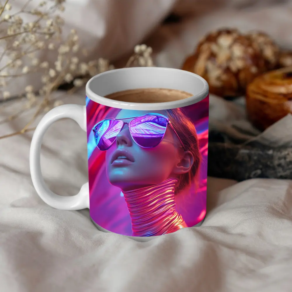 Futuristic Woman Mirrored Sunglasses Neon Pink Background – Mugs