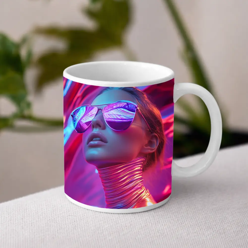 Futuristic Woman Mirrored Sunglasses Neon Pink Background – Mugs