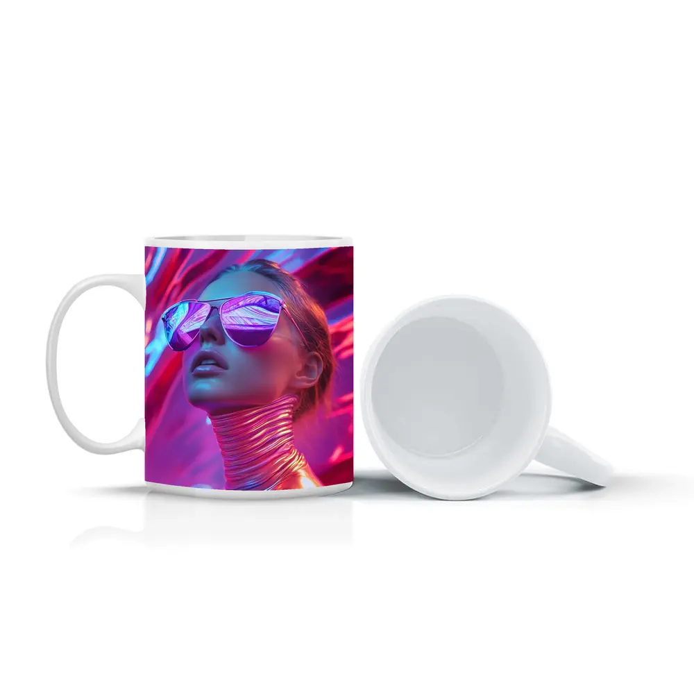 Futuristic Woman Mirrored Sunglasses Neon Pink Background – Mugs