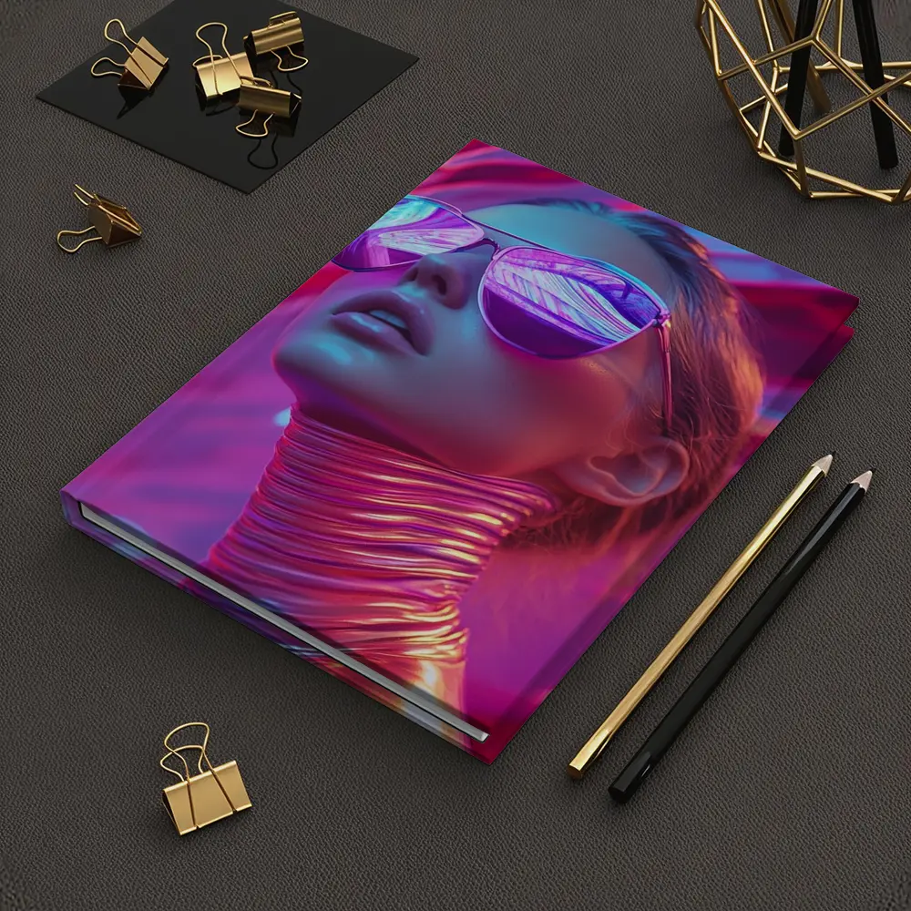 Futuristic Woman Mirrored Sunglasses Neon Pink Background – Notebooks
